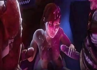 Badass brunette babe getting gangbanged by alien creatures here