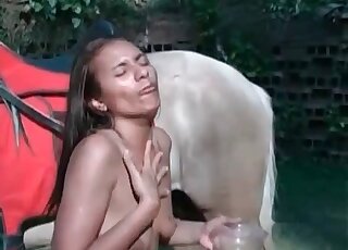 Horse penis slides inside a brunette's pussy in an outdoor video