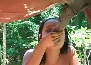 Brunetka suka wypełnia brudną buzię ogromnym penisem ogiera