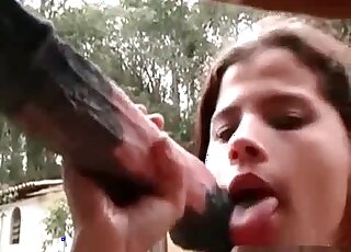 Giant cock of a stallion makes the slut enjoy the blowjob process